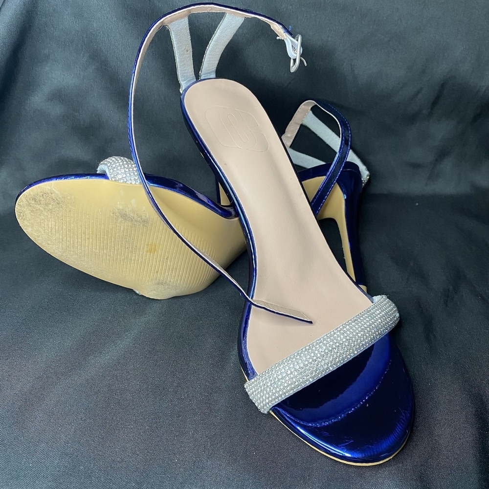 Metallic Blue Patent Rhinestone Cross Strap Stiletto Sandal Heels Sz 9 - Picture 1 of 9